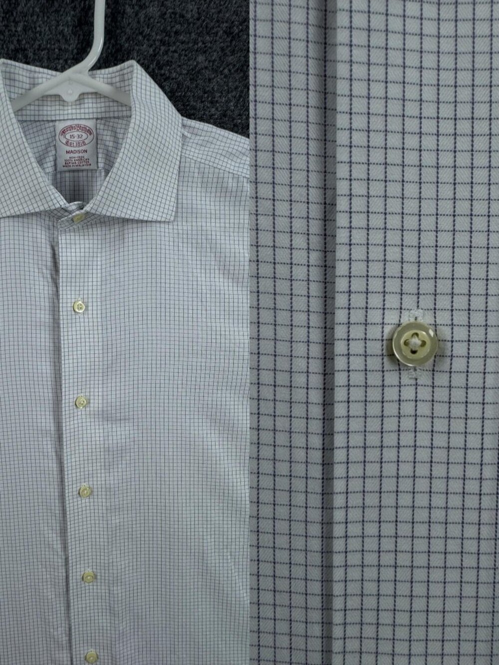 Brooks Brothers All Cotton Check 15 32 Men White Blue Non-Iron Supima Madison